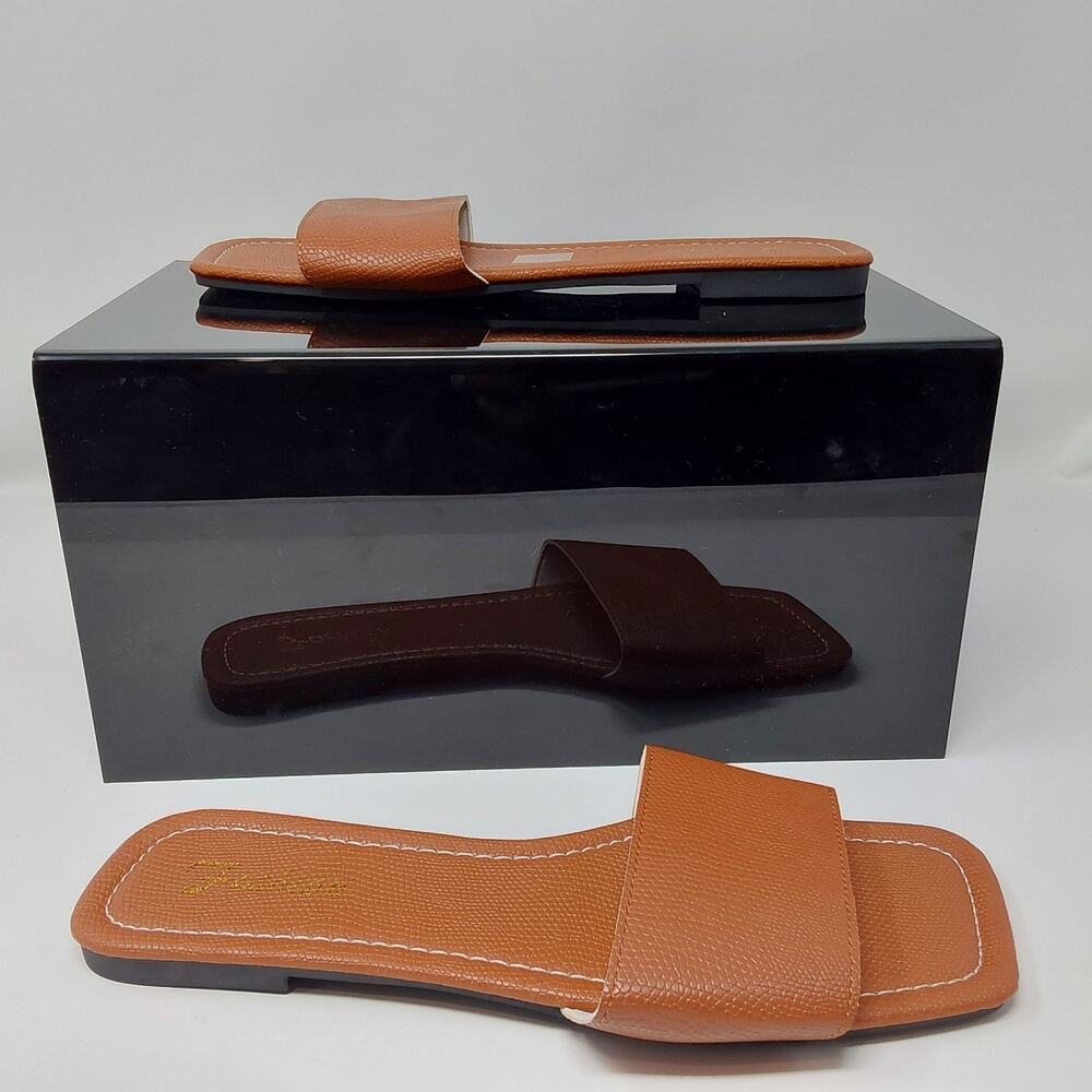 Fashion Women's Brown Square Toe Slide Sandals Size EU 43 US 12-12.5